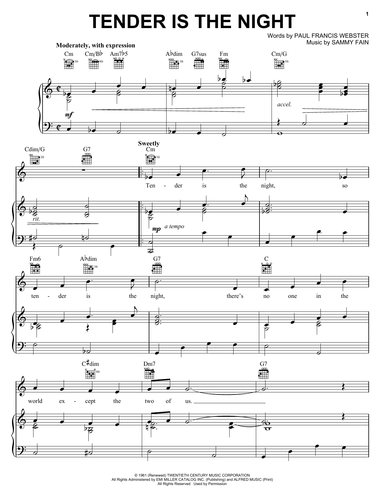 Learn to play Tony Bennett Tender Is The Night sheet music for Piano, Vocal & Guitar Chords (Right-Hand Melody) in minutes. Price: 7.8900$ Tony Bennett Tender Is The Night sheet music notes and chords arranged for Piano, Vocal & Guitar Chords (Right-Hand Melody)