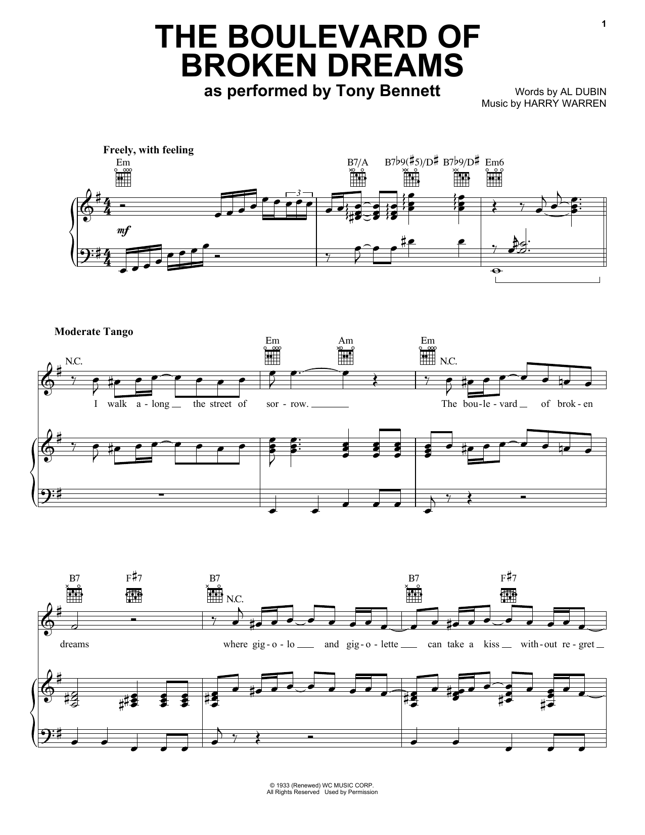 Tony Bennett The Boulevard Of Broken Dreams sheet music notes and chords. Download Printable PDF.