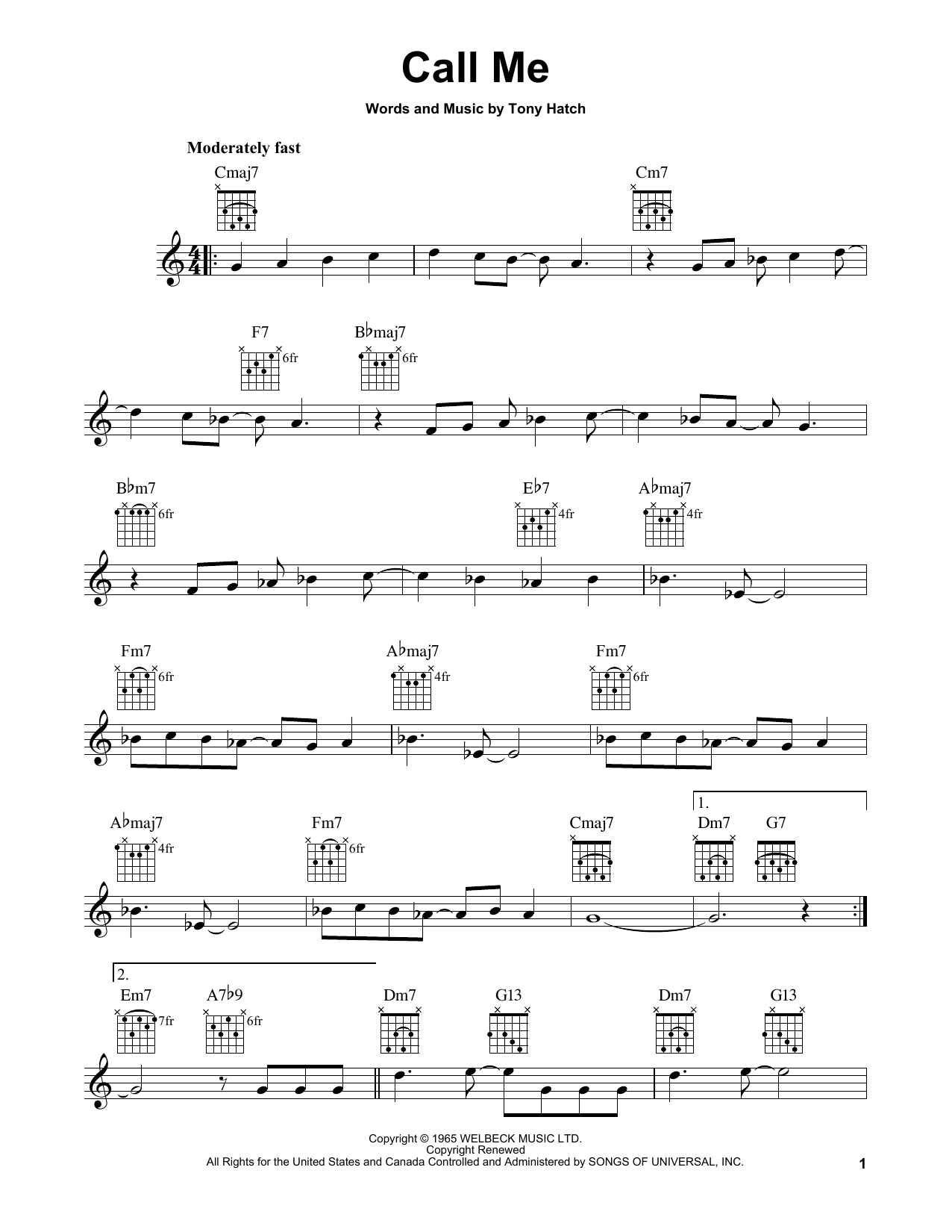 Tony Hatch Call Me sheet music notes and chords. Download Printable PDF.