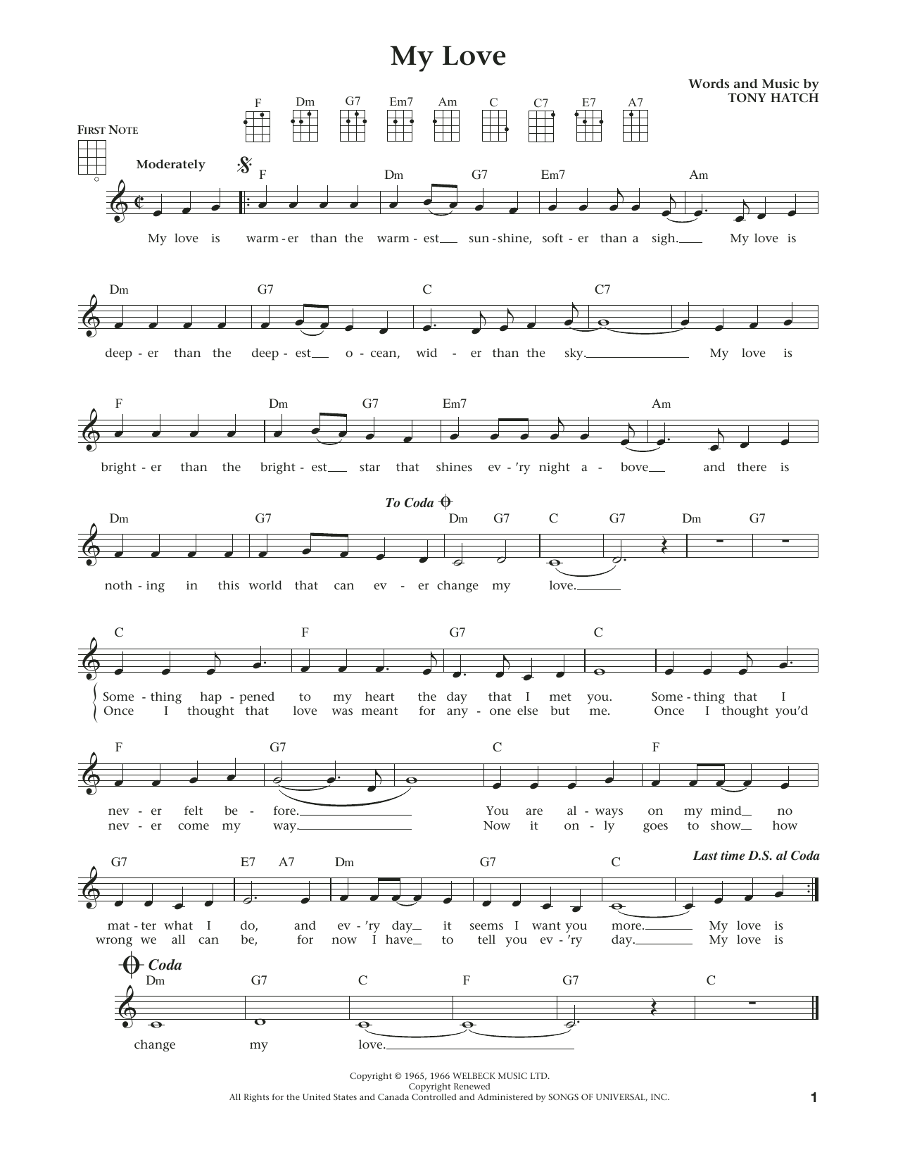 Learn to play Tony Hatch My Love (from The Daily Ukulele) (arr. Liz and Jim Beloff) sheet music for Ukulele in minutes. Price: 5.9900$ Tony Hatch My Love (from The Daily Ukulele) (arr. Liz and Jim Beloff) sheet music notes and chords arranged for Ukulele