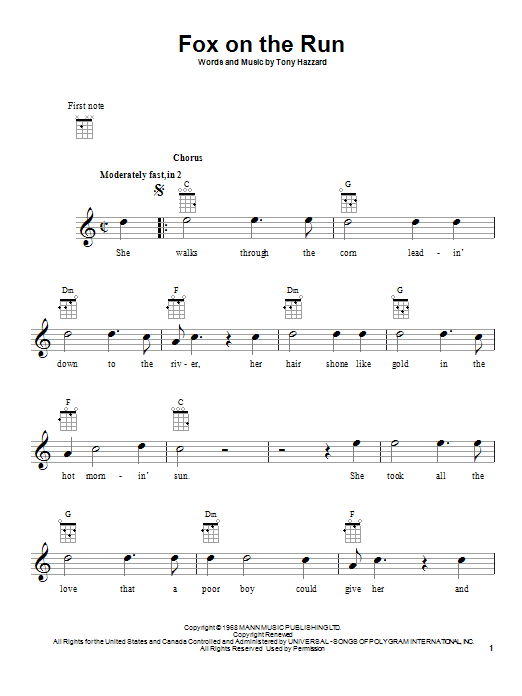 Tony Hazzard Fox On The Run sheet music notes and chords. Download Printable PDF.