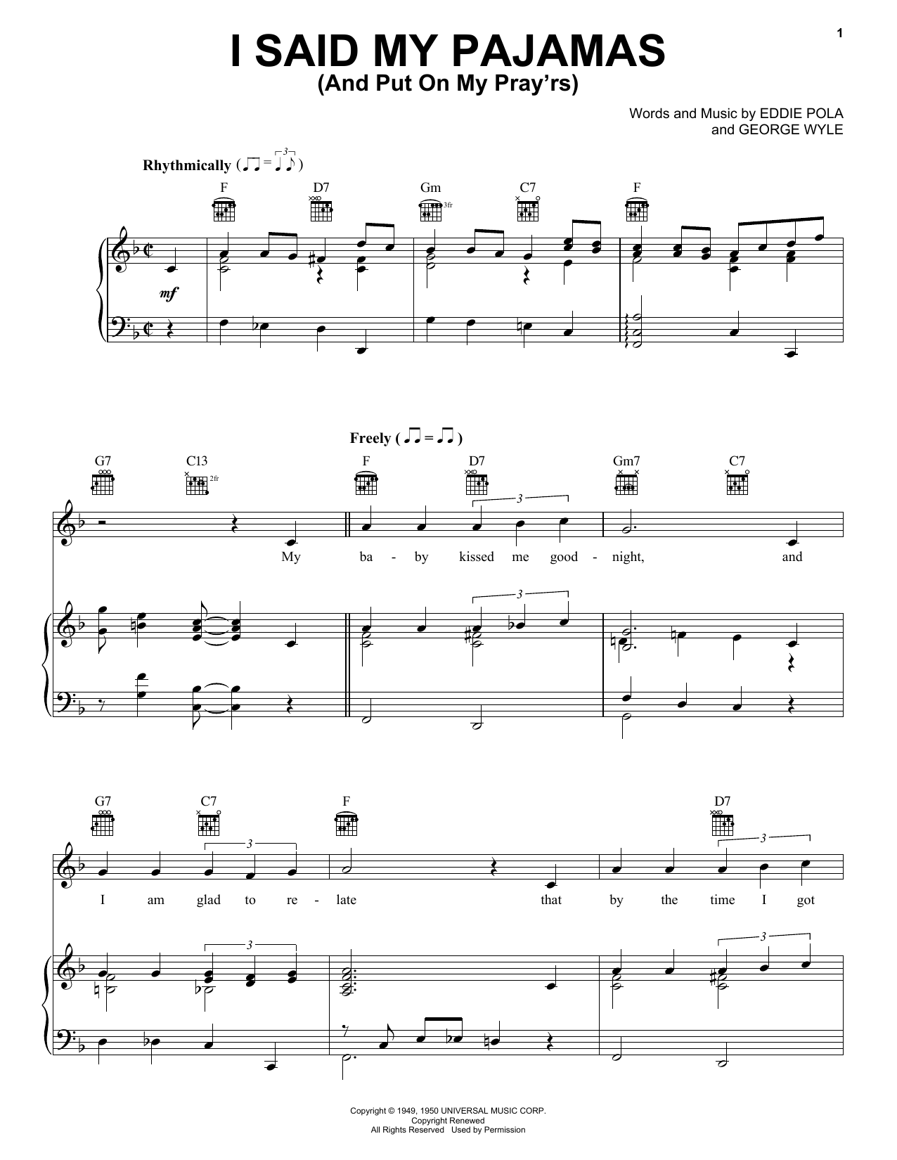 Learn to play Tony Martin I Said My Pajamas (And Put On My Pray'rs) sheet music for Piano, Vocal & Guitar Chords (Right-Hand Melody) in minutes. Price: 7.8900$ Tony Martin I Said My Pajamas (And Put On My Pray'rs) sheet music notes and chords arranged for Piano, Vocal & Guitar Chords (Right-Hand Melody)