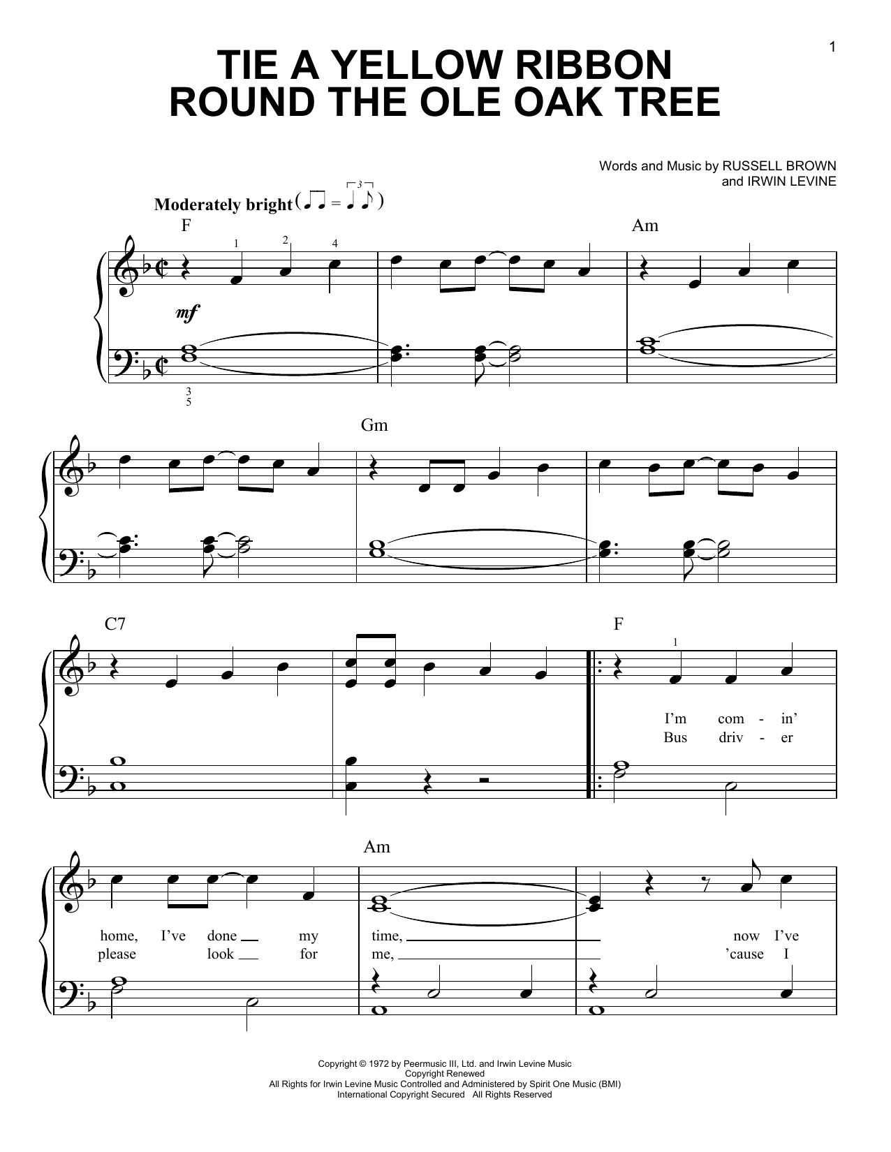 Tony Orlando and Dawn Tie A Yellow Ribbon Round The Ole Oak Tree sheet music notes and chords arranged for Easy Piano
