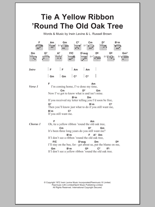 Tony Orlando Tie A Yellow Ribbon 'Round The Old Oak Tree sheet music notes and chords. Download Printable PDF.