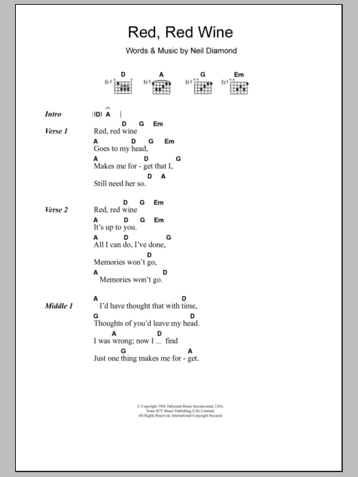 Tony Tribe Red, Red Wine sheet music notes and chords. Download Printable PDF.