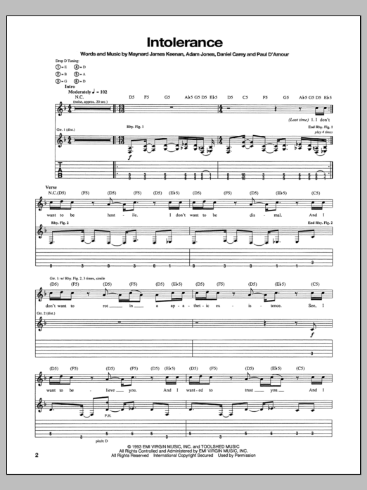 Learn to play Tool Intolerance sheet music for Guitar Tab in minutes. Price: 7.8900$ Tool Intolerance sheet music notes and chords arranged for Guitar Tab