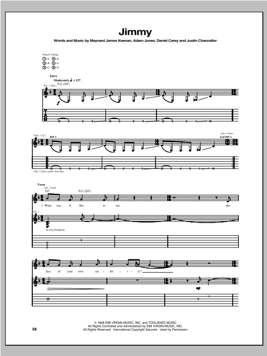 Learn to play Tool Jimmy sheet music for Guitar Tab in minutes. Price: 7.8900$ Tool Jimmy sheet music notes and chords arranged for Guitar Tab