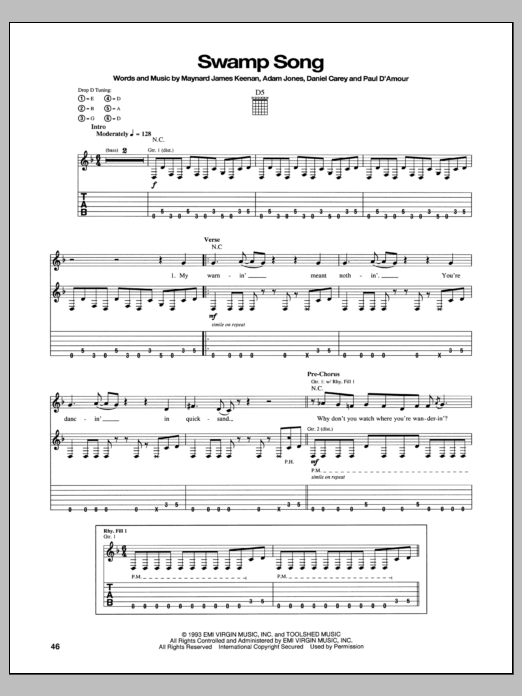 Learn to play Tool Swamp Song sheet music for Guitar Tab in minutes. Price: 7.8900$ Tool Swamp Song sheet music notes and chords arranged for Guitar Tab