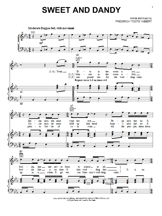 Toots & The Maytals Sweet And Dandy sheet music notes and chords arranged for Piano, Vocal & Guitar Chords (Right-Hand Melody)