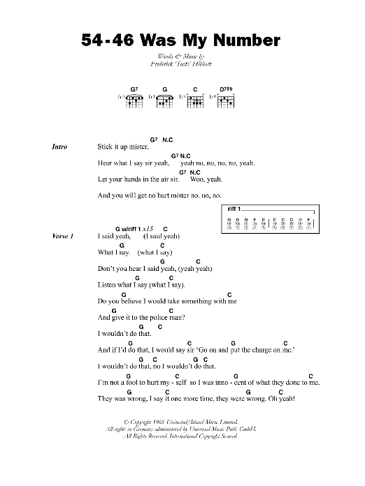 Toots & The Maytals 54-46 Was My Number sheet music notes and chords. Download Printable PDF.