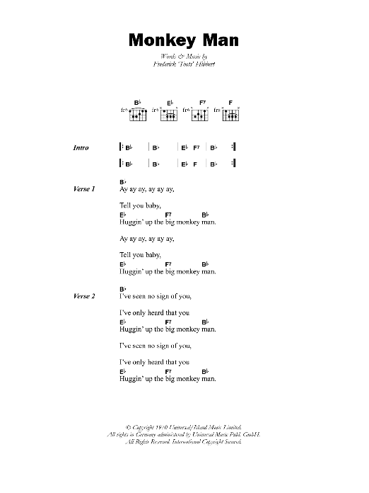 Toots & The Maytals Monkey Man sheet music notes and chords. Download Printable PDF.