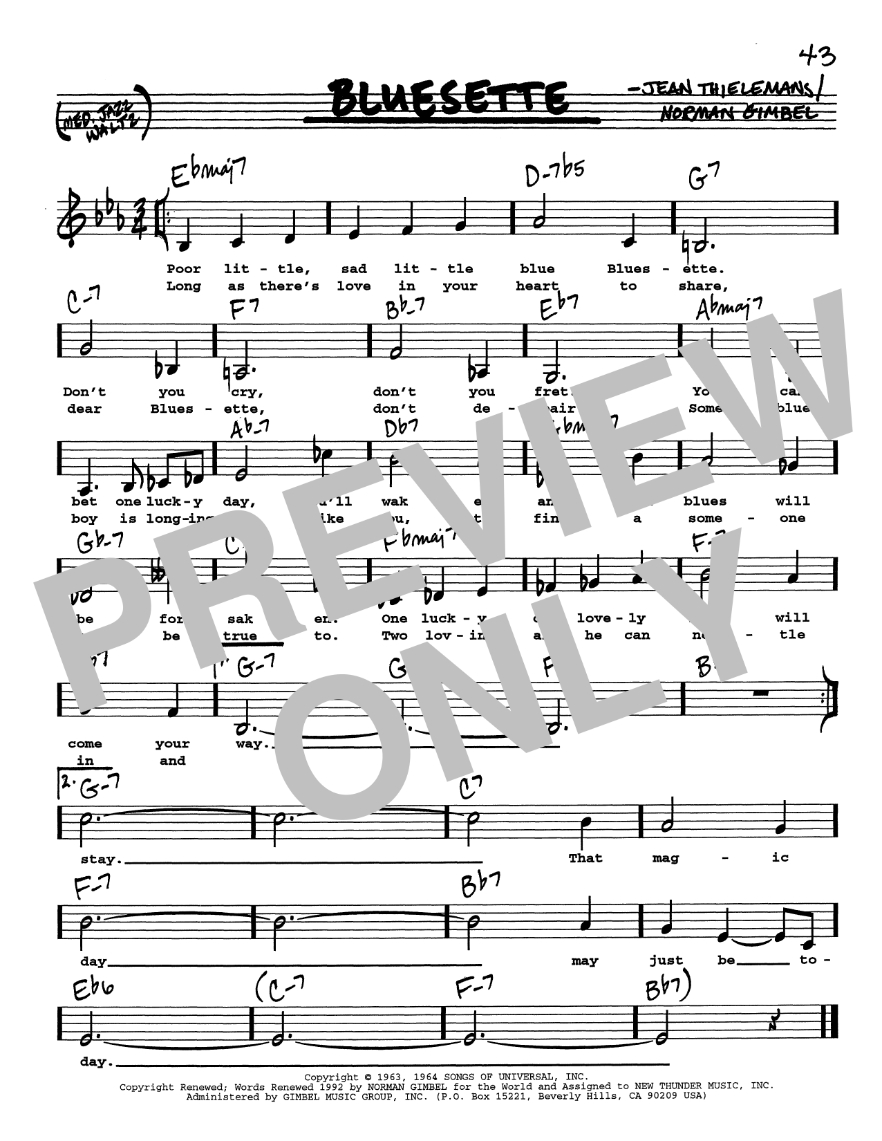 Learn to play Toots Thielemans Bluesette (Low Voice) sheet music for Real Book – Melody, Lyrics & Chords in minutes. Price: 5.9900$ Toots Thielemans Bluesette (Low Voice) sheet music notes and chords arranged for Real Book – Melody, Lyrics & Chords