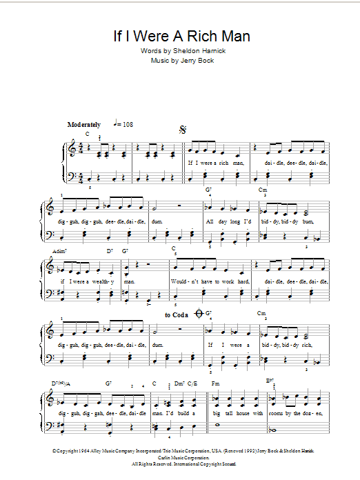 Topol If I Were A Rich Man (from Fiddler On The Roof) sheet music notes and chords. Download Printable PDF.