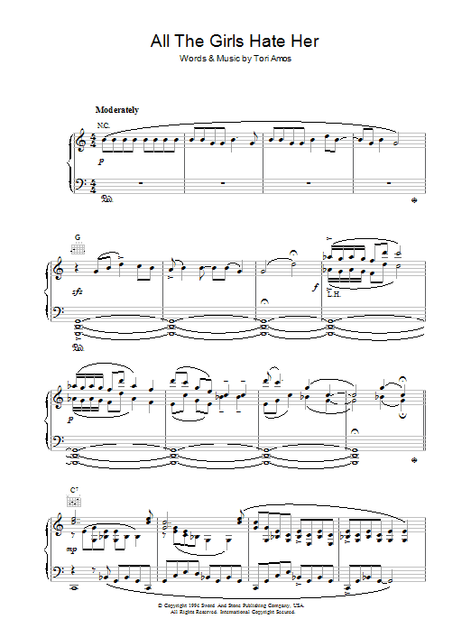 Learn to play Tori Amos All The Girls Hate Her sheet music for Piano, Vocal & Guitar Chords in minutes. Price: 7.8900$ Tori Amos All The Girls Hate Her sheet music notes and chords arranged for Piano, Vocal & Guitar Chords