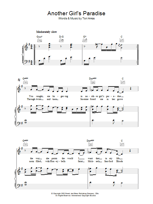 Learn to play Tori Amos Another Girl's Paradise sheet music for Piano, Vocal & Guitar Chords in minutes. Price: 7.8900$ Tori Amos Another Girl's Paradise sheet music notes and chords arranged for Piano, Vocal & Guitar Chords