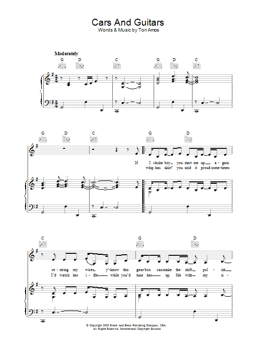 Learn to play Tori Amos Cars And Guitars sheet music for Piano, Vocal & Guitar Chords in minutes. Price: 7.8900$ Tori Amos Cars And Guitars sheet music notes and chords arranged for Piano, Vocal & Guitar Chords