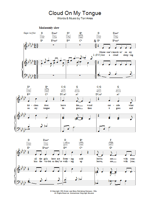 Learn to play Tori Amos Cloud On My Tongue sheet music for Piano, Vocal & Guitar Chords in minutes. Price: 7.8900$ Tori Amos Cloud On My Tongue sheet music notes and chords arranged for Piano, Vocal & Guitar Chords