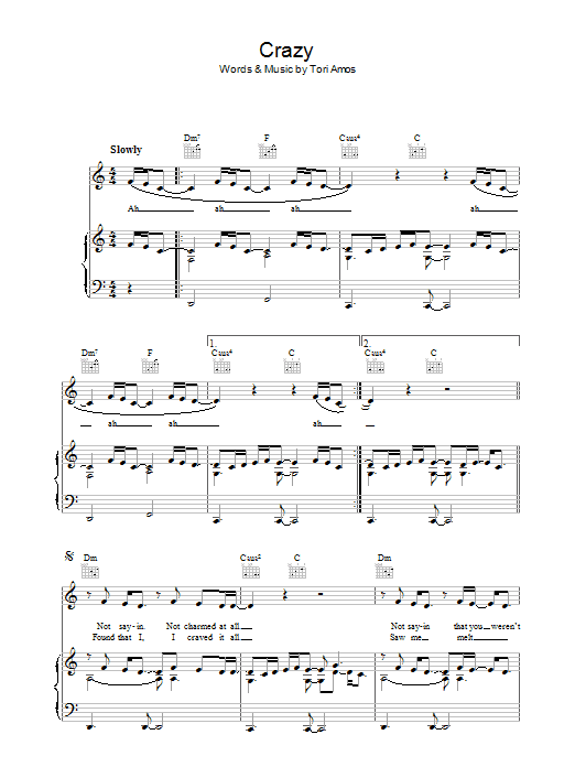 Learn to play Tori Amos Crazy sheet music for Piano, Vocal & Guitar Chords in minutes. Price: 7.8900$ Tori Amos Crazy sheet music notes and chords arranged for Piano, Vocal & Guitar Chords