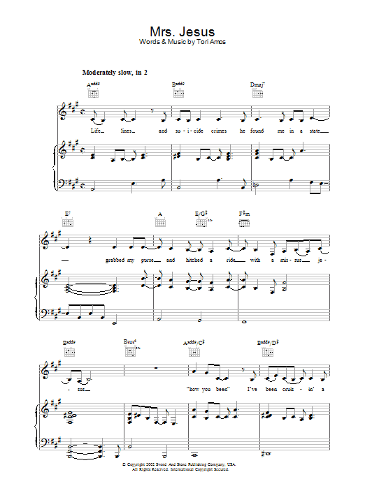 Learn to play Tori Amos Mrs. Jesus sheet music for Piano, Vocal & Guitar Chords in minutes. Price: 7.8900$ Tori Amos Mrs. Jesus sheet music notes and chords arranged for Piano, Vocal & Guitar Chords