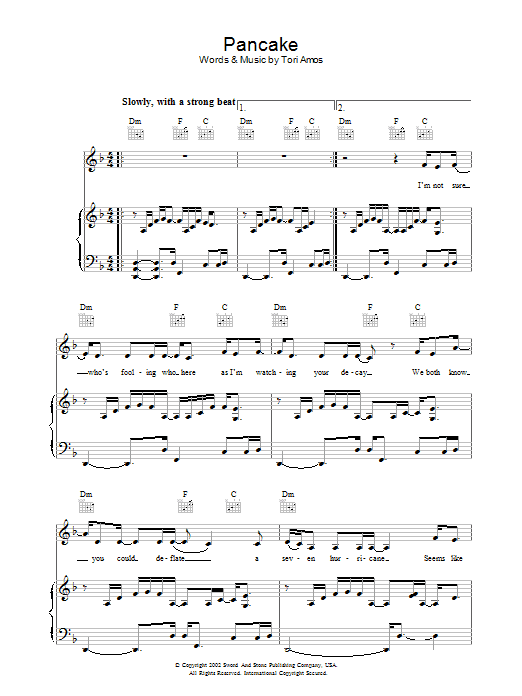 Learn to play Tori Amos Pancake sheet music for Piano, Vocal & Guitar Chords in minutes. Price: 7.8900$ Tori Amos Pancake sheet music notes and chords arranged for Piano, Vocal & Guitar Chords