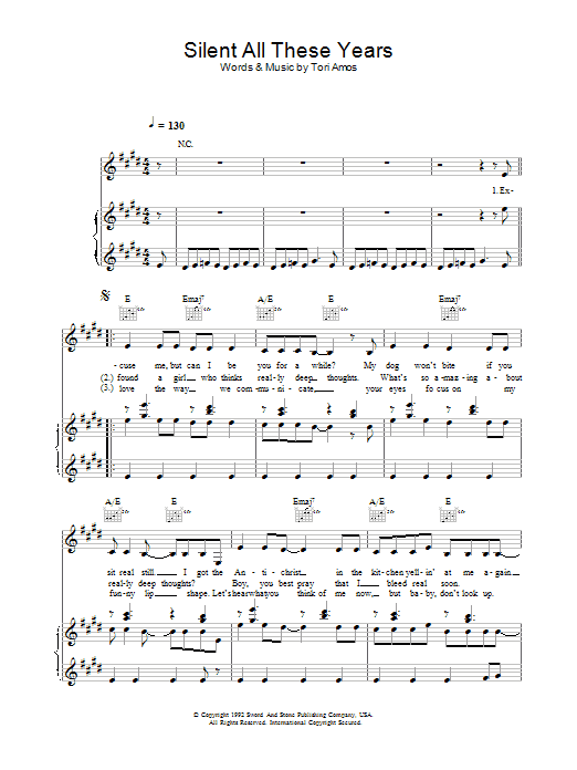 Tori Amos Silent All These Years sheet music notes and chords. Download Printable PDF.