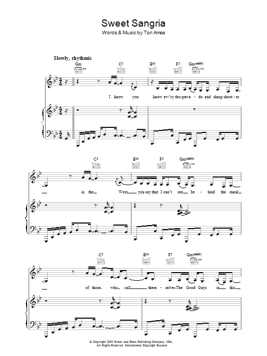 Learn to play Tori Amos Sweet Sangria sheet music for Piano, Vocal & Guitar Chords in minutes. Price: 7.8900$ Tori Amos Sweet Sangria sheet music notes and chords arranged for Piano, Vocal & Guitar Chords