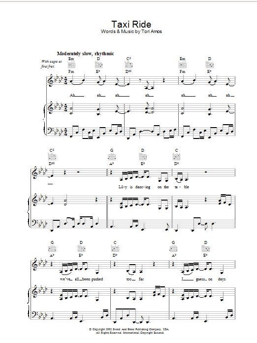 Learn to play Tori Amos Taxi Ride sheet music for Piano, Vocal & Guitar Chords in minutes. Price: 7.8900$ Tori Amos Taxi Ride sheet music notes and chords arranged for Piano, Vocal & Guitar Chords