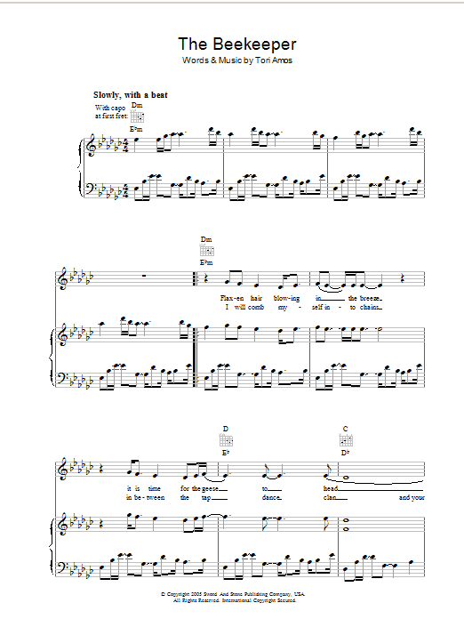 Learn to play Tori Amos The Beekeeper sheet music for Piano, Vocal & Guitar Chords in minutes. Price: 7.8900$ Tori Amos The Beekeeper sheet music notes and chords arranged for Piano, Vocal & Guitar Chords