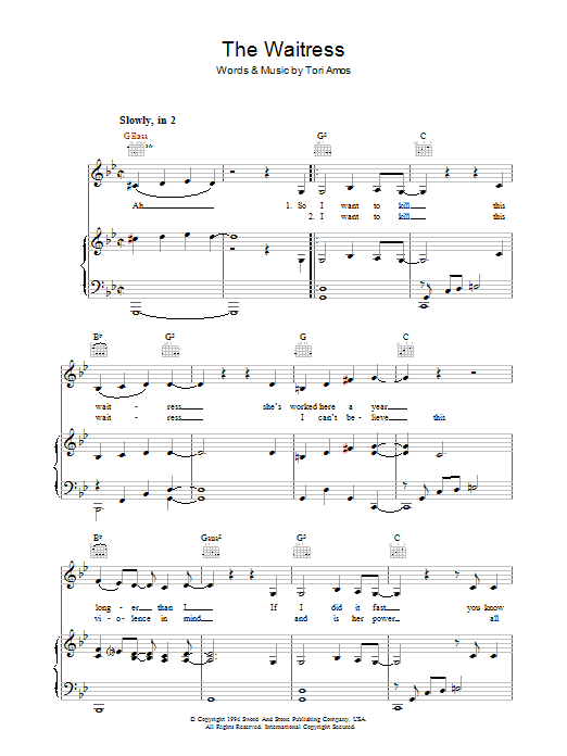 Learn to play Tori Amos The Waitress sheet music for Piano, Vocal & Guitar Chords in minutes. Price: 7.8900$ Tori Amos The Waitress sheet music notes and chords arranged for Piano, Vocal & Guitar Chords