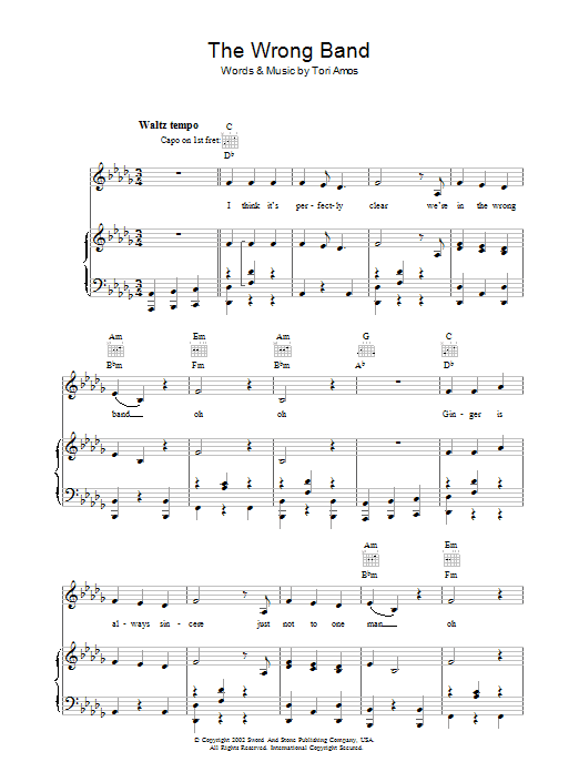 Learn to play Tori Amos The Wrong Band sheet music for Piano, Vocal & Guitar Chords in minutes. Price: 7.8900$ Tori Amos The Wrong Band sheet music notes and chords arranged for Piano, Vocal & Guitar Chords