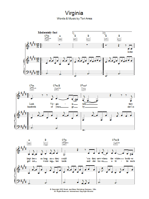 Tori Amos Virginia sheet music notes and chords. Download Printable PDF.