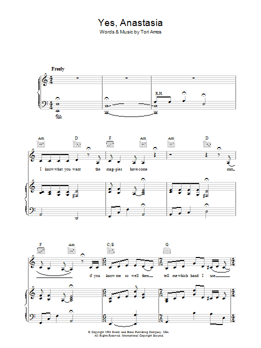 Learn to play Tori Amos Yes, Anastasia sheet music for Piano, Vocal & Guitar Chords in minutes. Price: 7.8900$ Tori Amos Yes, Anastasia sheet music notes and chords arranged for Piano, Vocal & Guitar Chords