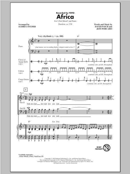 Toto Africa (arr. Audrey Snyder) sheet music notes and chords. Download Printable PDF.