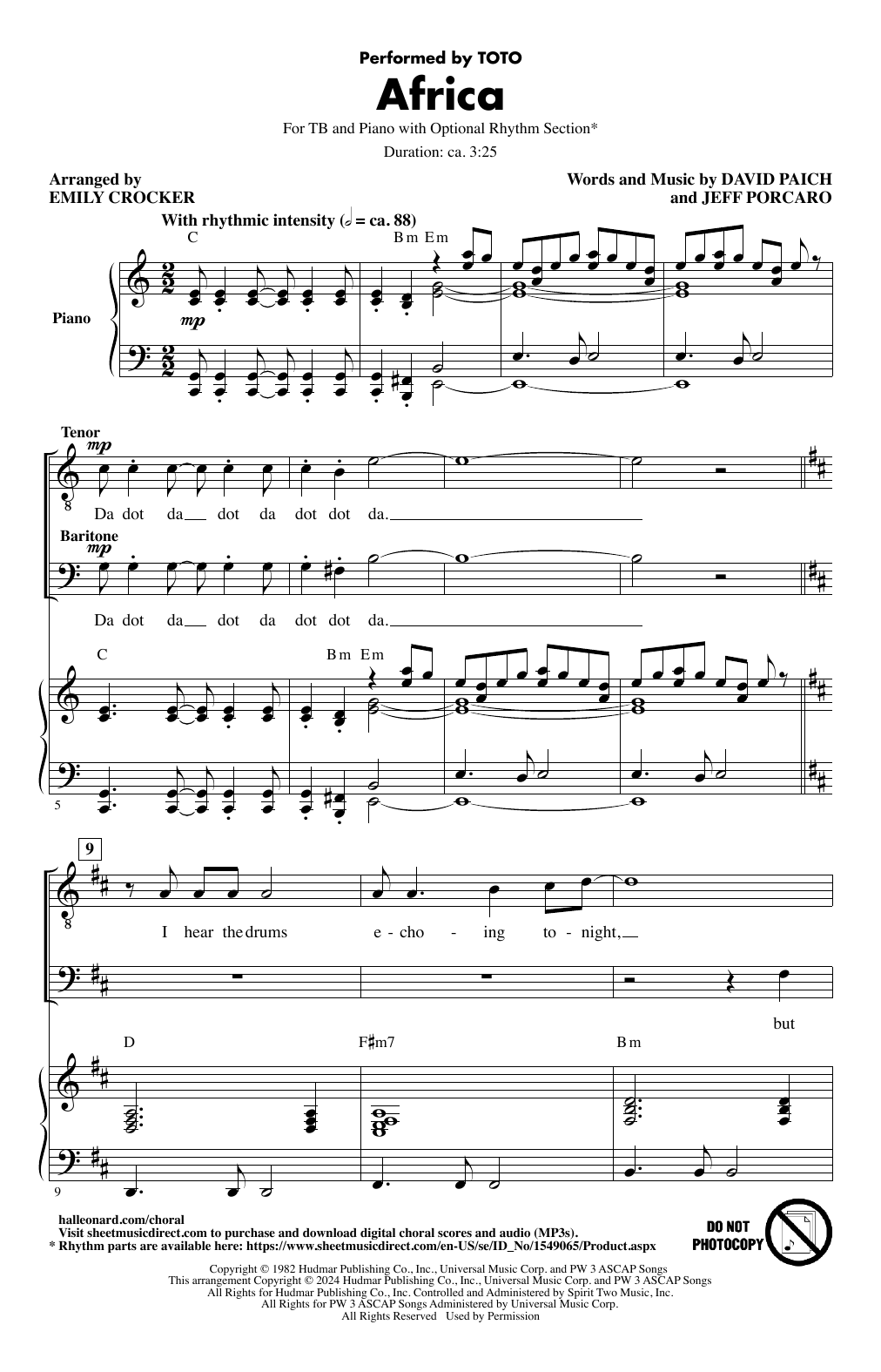 Learn to play Toto Africa (arr. Emily Crocker) sheet music for TB Choir in minutes. Price: 3.9900$ Toto Africa (arr. Emily Crocker) sheet music notes and chords arranged for TB Choir