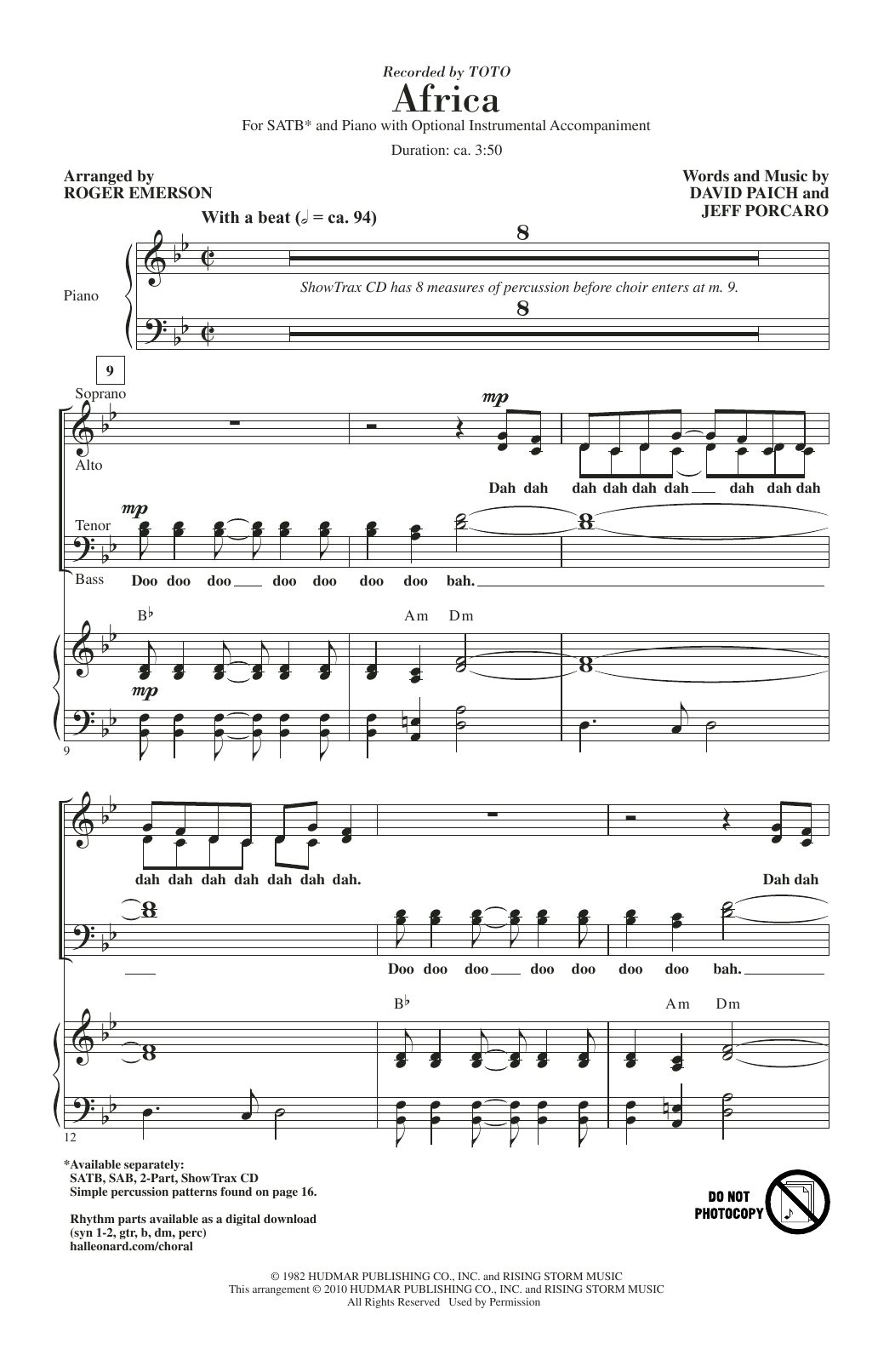 Toto Africa (arr. Roger Emerson) sheet music notes and chords. Download Printable PDF.