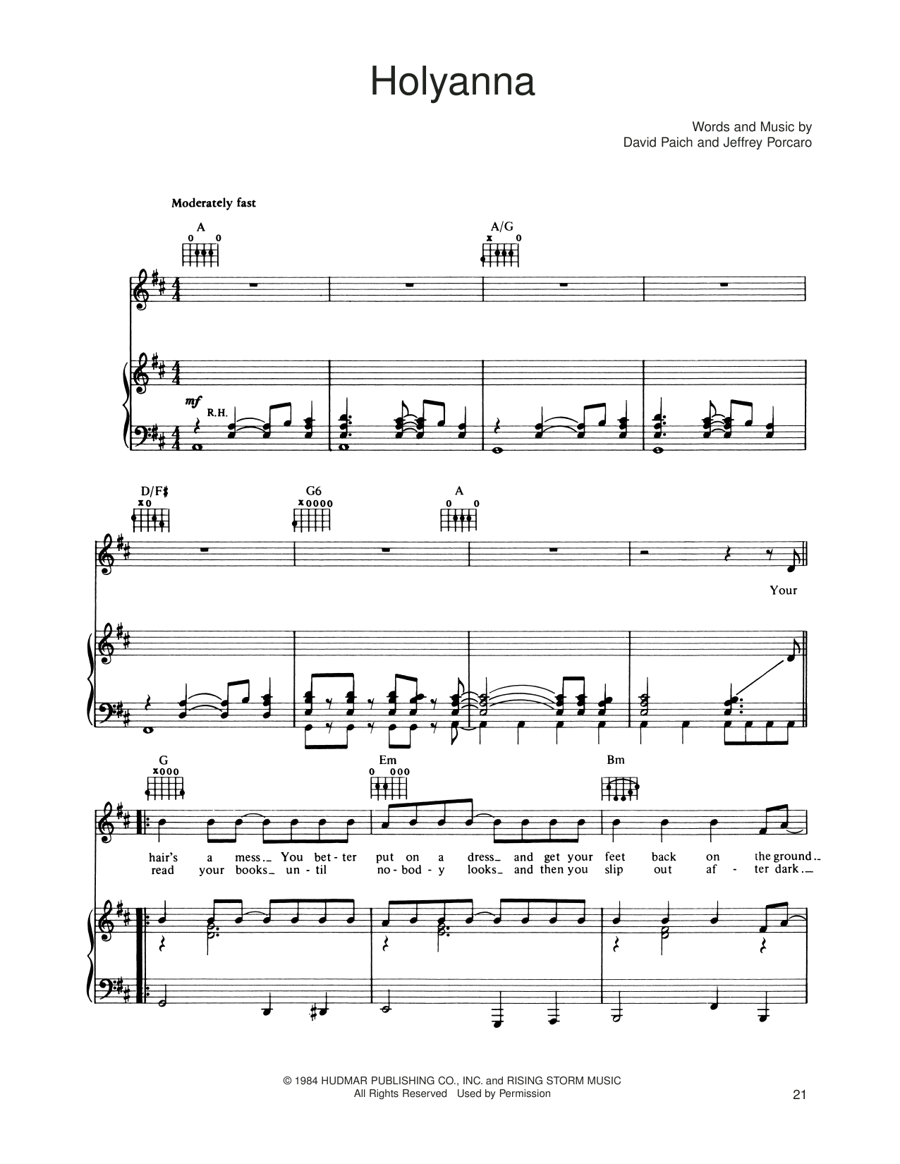 Toto Holyanna sheet music notes and chords arranged for Piano, Vocal & Guitar Chords (Right-Hand Melody)