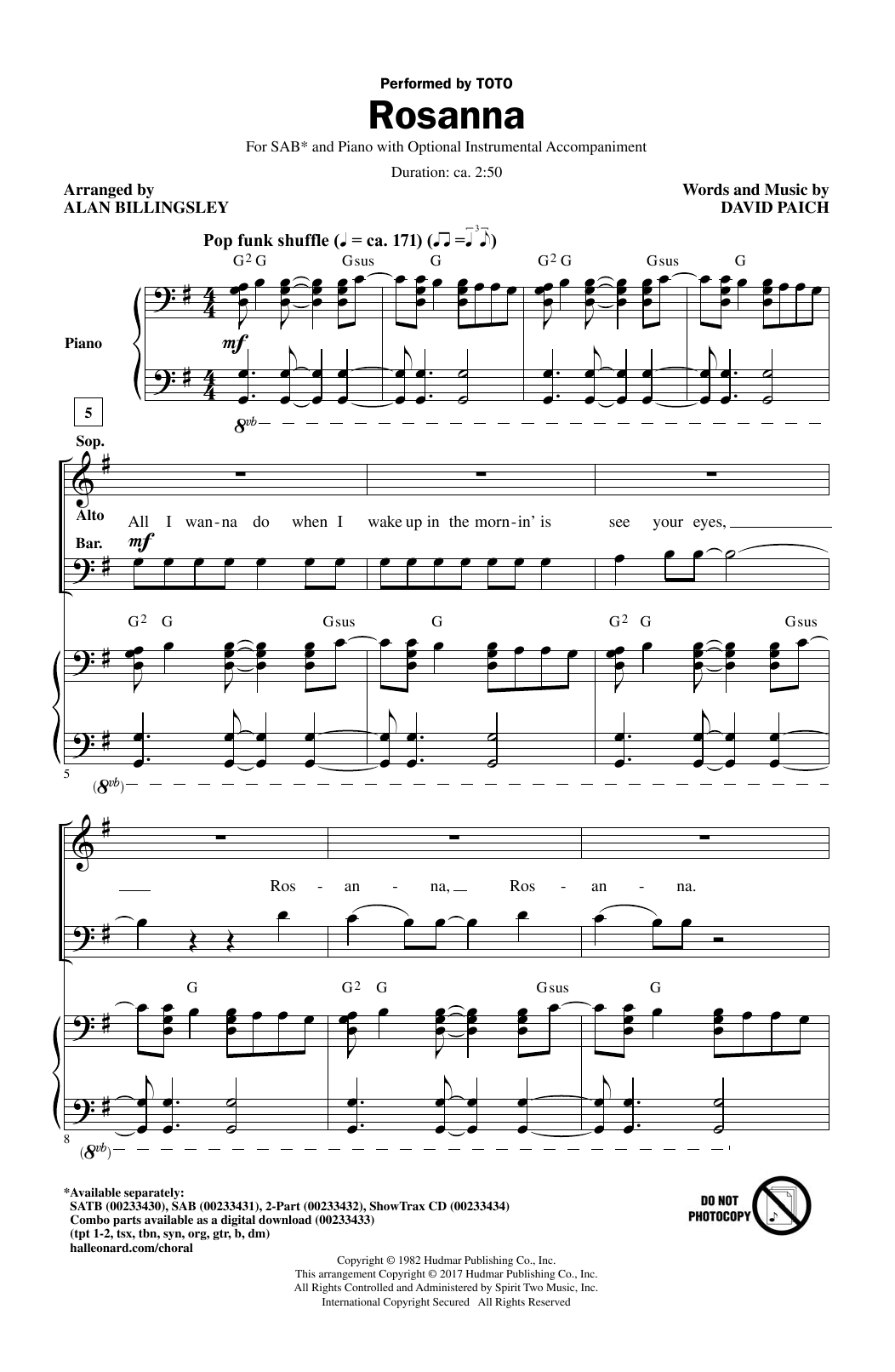 Toto Rosanna (arr. Alan Billingsley) sheet music notes and chords. Download Printable PDF.