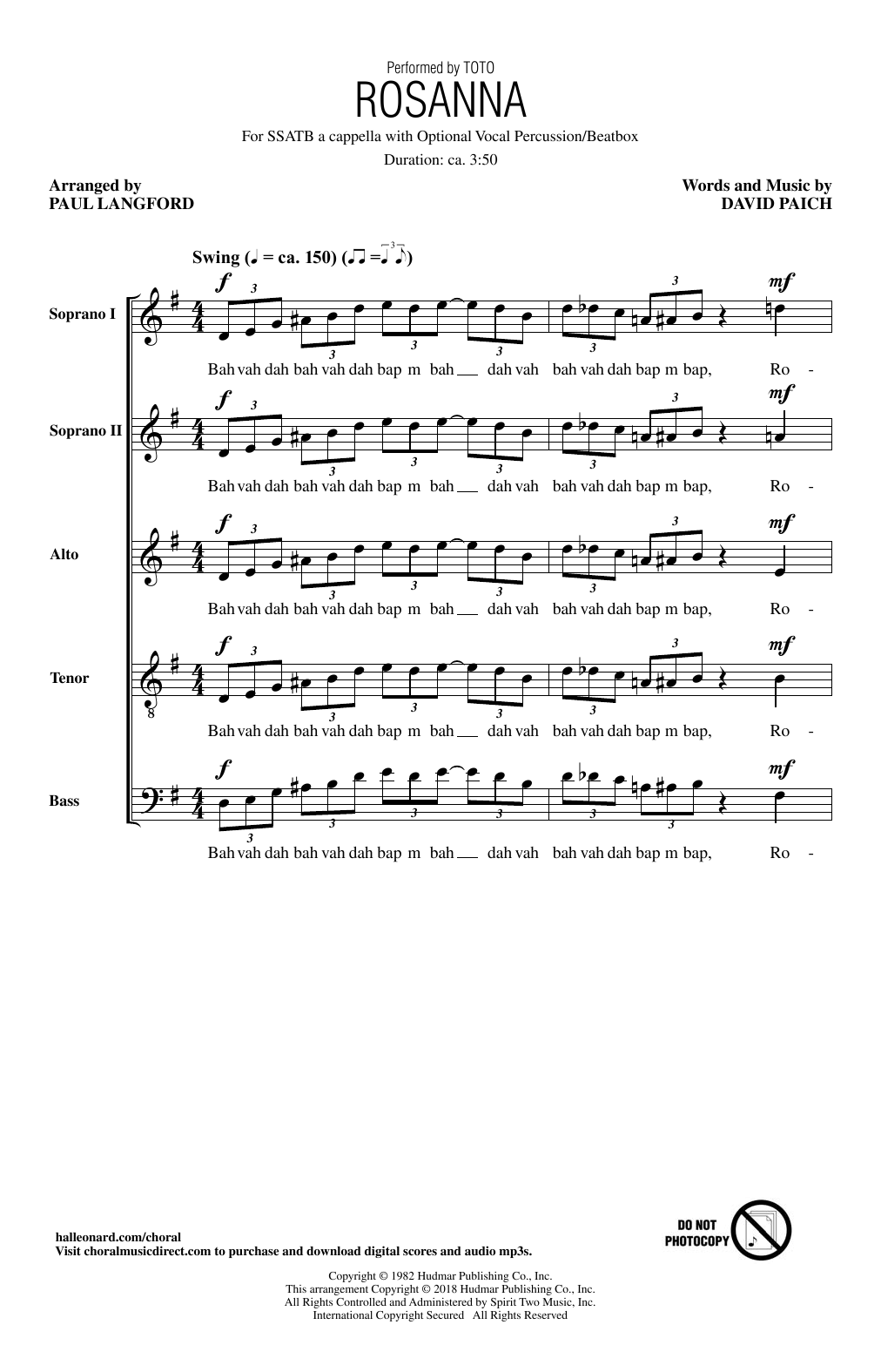 Learn to play Toto Rosanna (arr. Paul Langford) sheet music for SATB Choir in minutes. Price: 3.9900$ Toto Rosanna (arr. Paul Langford) sheet music notes and chords arranged for SATB Choir