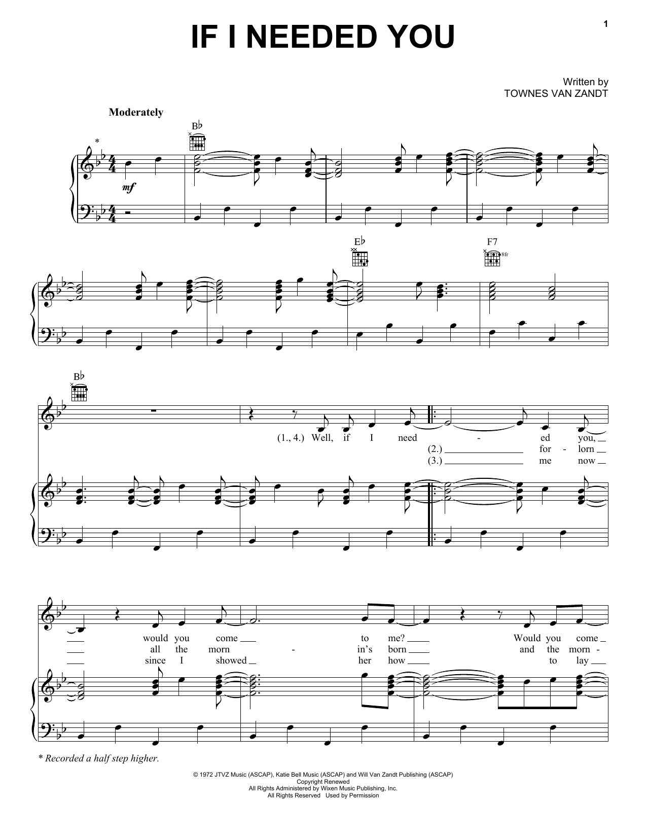 Townes Van Zandt If I Needed You sheet music notes and chords. Download Printable PDF.