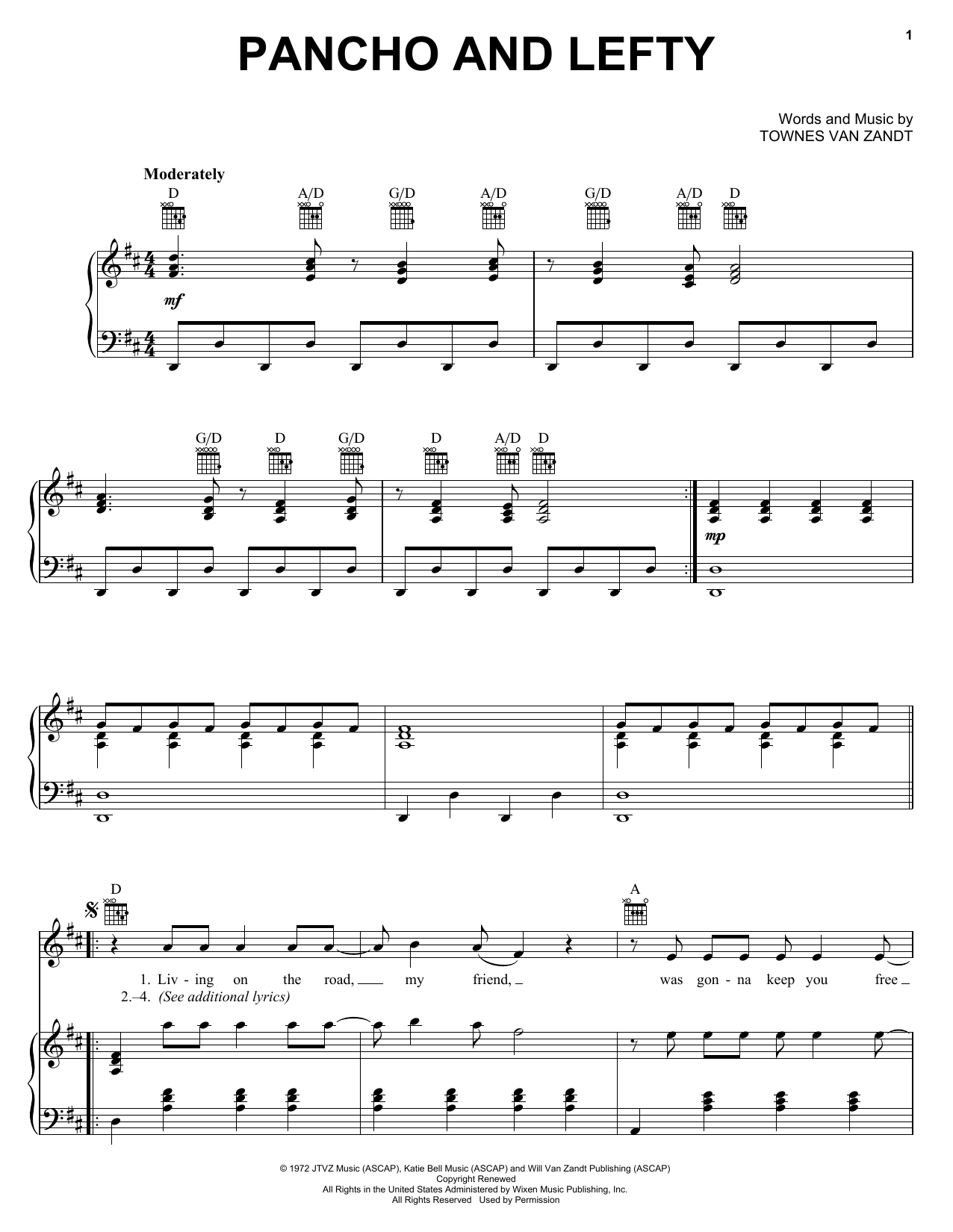 Townes Van Zandt Pancho And Lefty sheet music notes and chords. Download Printable PDF.