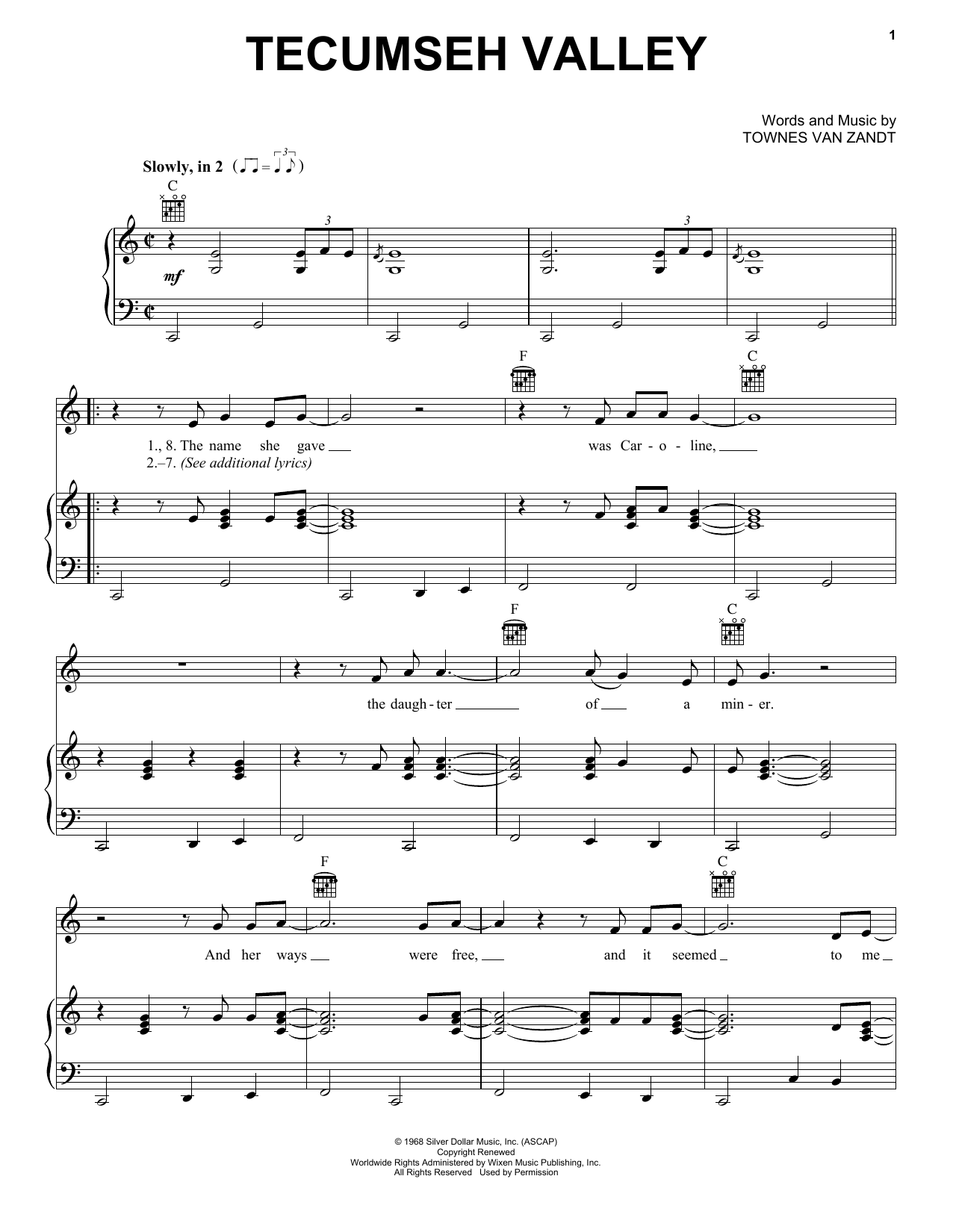 Learn to play Townes Van Zandt Tecumseh Valley sheet music for Piano, Vocal & Guitar Chords (Right-Hand Melody) in minutes. Price: 7.8900$ Townes Van Zandt Tecumseh Valley sheet music notes and chords arranged for Piano, Vocal & Guitar Chords (Right-Hand Melody)