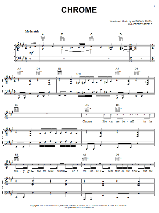 Learn to play Trace Adkins Chrome sheet music for Piano, Vocal & Guitar Chords (Right-Hand Melody) in minutes. Price: 7.8900$ Trace Adkins Chrome sheet music notes and chords arranged for Piano, Vocal & Guitar Chords (Right-Hand Melody)