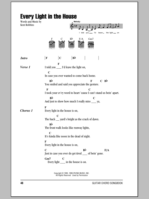 Trace Adkins Every Light In The House sheet music notes and chords. Download Printable PDF.