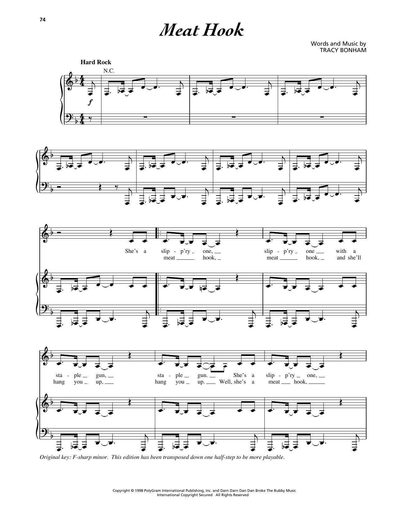 Learn to play Tracy Bonham Meat Hook sheet music for Piano, Vocal & Guitar Chords (Right-Hand Melody) in minutes. Price: 7.8900$ Tracy Bonham Meat Hook sheet music notes and chords arranged for Piano, Vocal & Guitar Chords (Right-Hand Melody)