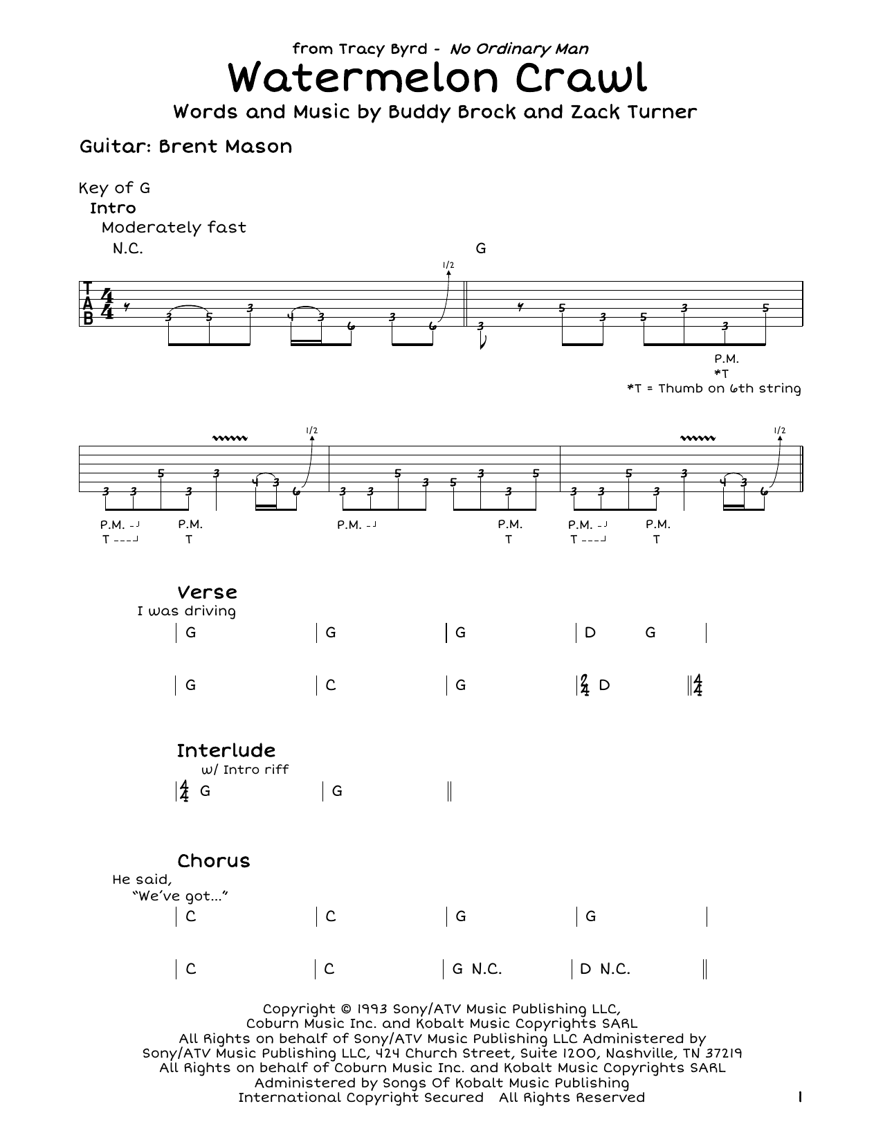 Tracy Byrd Watermelon Crawl sheet music notes and chords. Download Printable PDF.