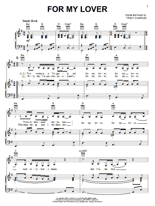 Learn to play Tracy Chapman For My Lover sheet music for Piano, Vocal & Guitar Chords (Right-Hand Melody) in minutes. Price: 7.8900$ Tracy Chapman For My Lover sheet music notes and chords arranged for Piano, Vocal & Guitar Chords (Right-Hand Melody)