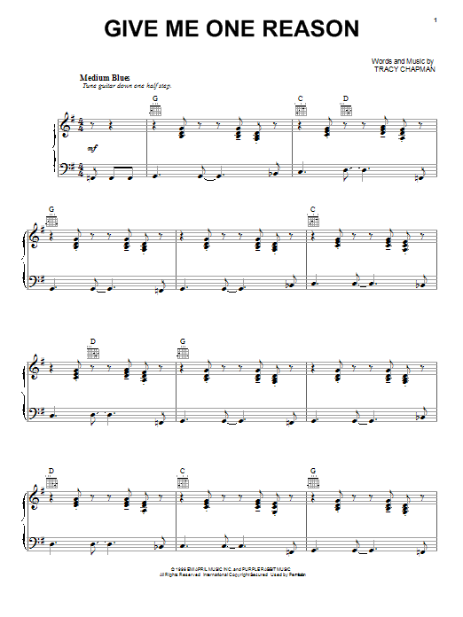 Tracy Chapman Give Me One Reason sheet music notes and chords. Download Printable PDF.