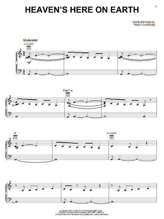 Learn to play Tracy Chapman Heaven's Here On Earth sheet music for Piano, Vocal & Guitar Chords (Right-Hand Melody) in minutes. Price: 7.8900$ Tracy Chapman Heaven's Here On Earth sheet music notes and chords arranged for Piano, Vocal & Guitar Chords (Right-Hand Melody)