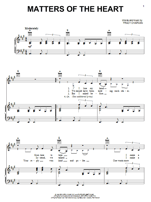 Learn to play Tracy Chapman Matters Of The Heart sheet music for Piano, Vocal & Guitar Chords (Right-Hand Melody) in minutes. Price: 7.8900$ Tracy Chapman Matters Of The Heart sheet music notes and chords arranged for Piano, Vocal & Guitar Chords (Right-Hand Melody)