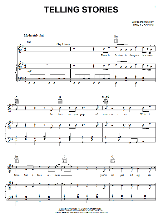 Learn to play Tracy Chapman Telling Stories sheet music for Piano, Vocal & Guitar Chords (Right-Hand Melody) in minutes. Price: 7.8900$ Tracy Chapman Telling Stories sheet music notes and chords arranged for Piano, Vocal & Guitar Chords (Right-Hand Melody)